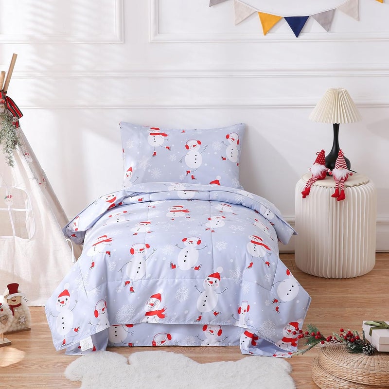 JSD Blue Snowman Toddler Bedding Set, 4 Piece Christmas Winter Toddler Microfiber Comforter Sheet Set, Lightweight Breathable - Image 1